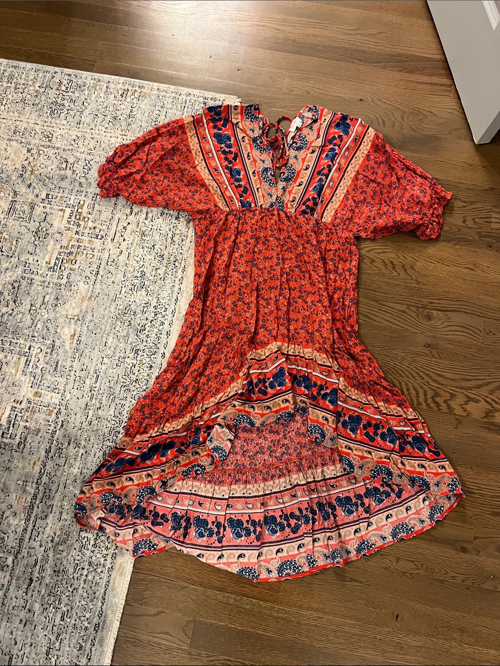 Umgee Red and Navy Boho Floral Midi Dress
